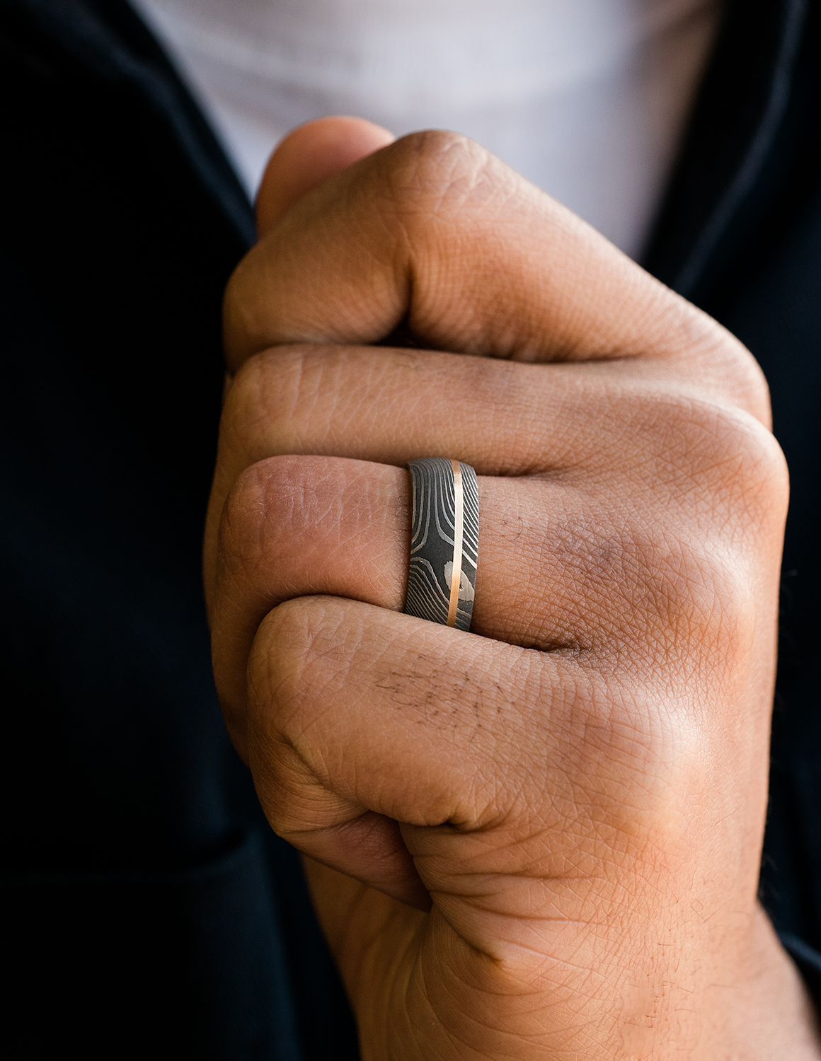 Lashbrook 8mm Damascus Steel and 14K Rose Gold Wedding Band