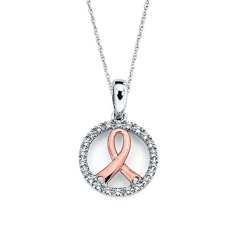 bradford exchange breast cancer pendant necklace 1/10ct tw Diamond Breast Cancer Awareness Necklace in 14K White and Pink  Gold NDFT04113 Ramsey's Diamond Jewelers