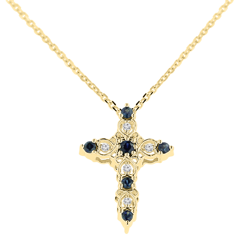 1/5ct tw Diamond & Blue Sapphire Cross Necklace in 10K Yellow Gold