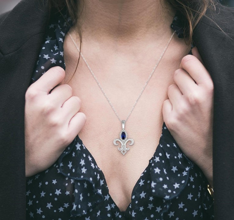 1/10ct tw Diamond & Blue Sapphire Fleur De Lis Necklace in 10K