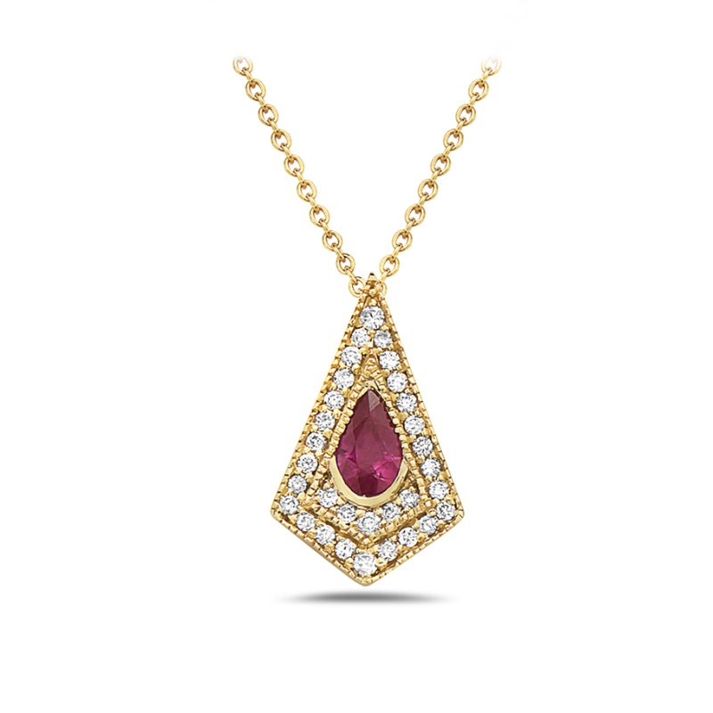 King's Teardrop Ruby in Kite Shaped Diamond Design Necklace 130383