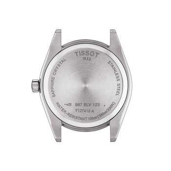 T127.410.11.041.00TISSOT GENTLEMANPOLISHED AND SATINATED HOUR MARKERSUltra-thin second hand for precisionHour and minutes handsDate windowFold over steel clasp with safety push-buttons 313467