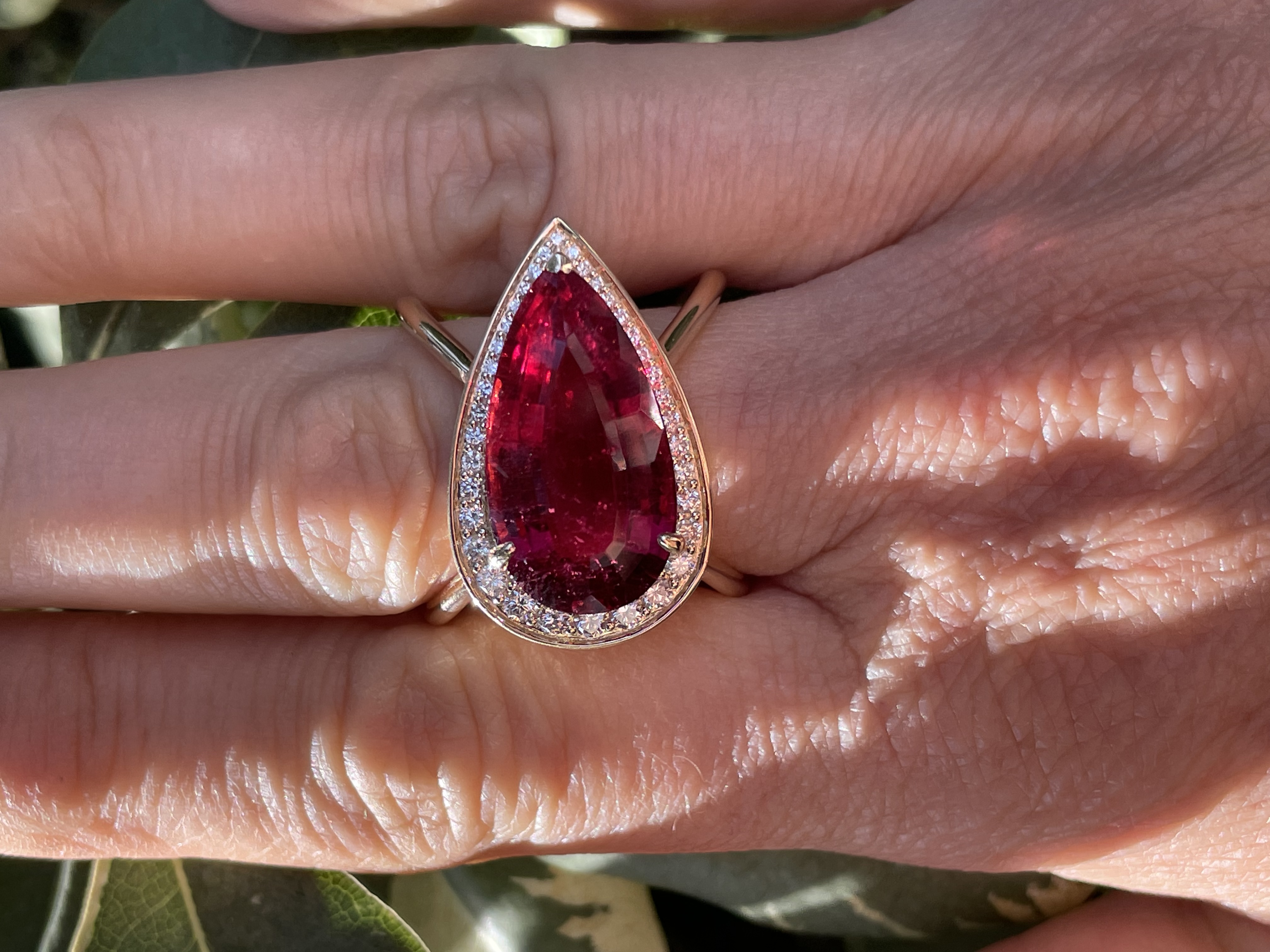 Gemstone Jewelry Rubellite Tourmaline & Diamond Halo Crossover