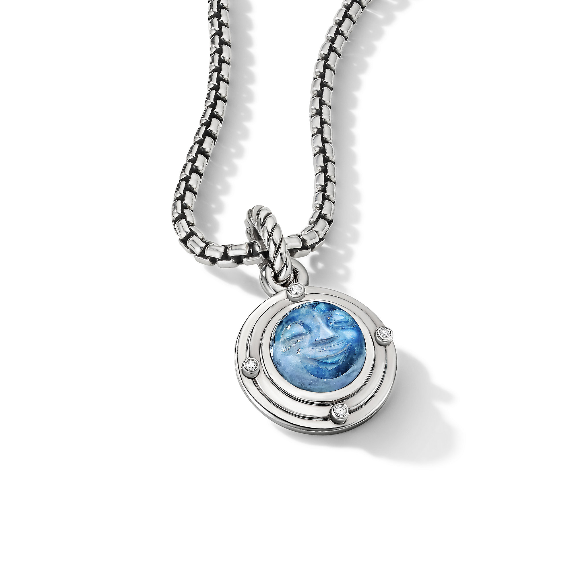 Moon Amulet in Sterling Silver with Rainbow Moonstone and Diamonds