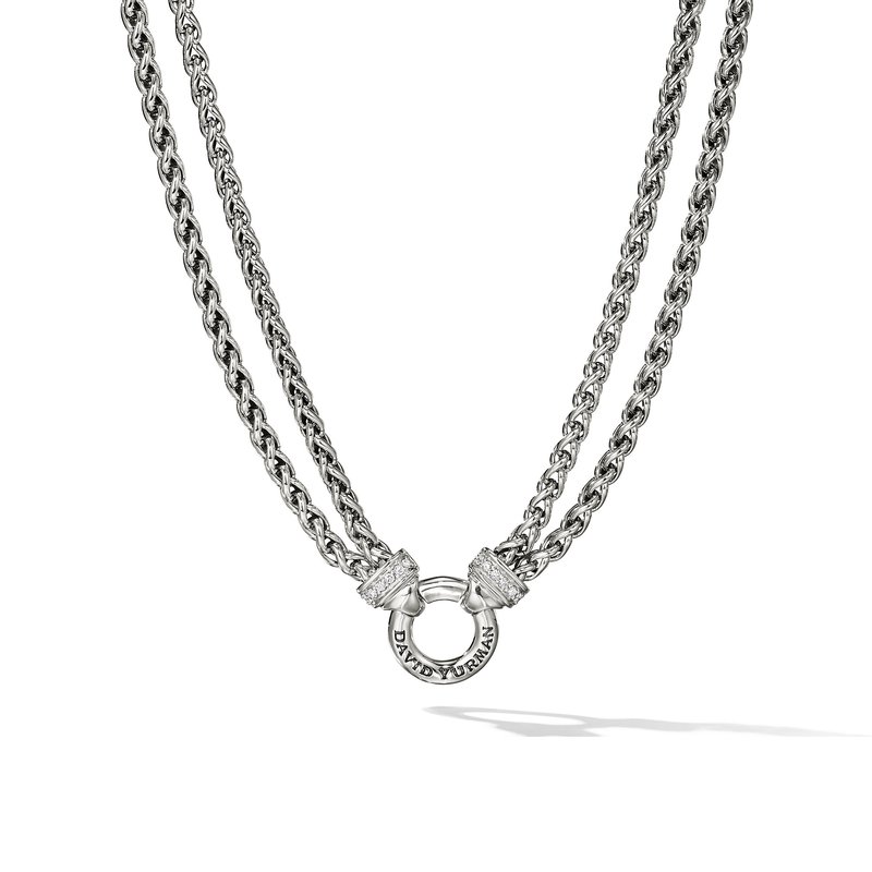 Double Wheat Chain Necklace in Sterling Silver with Pavé Diamonds