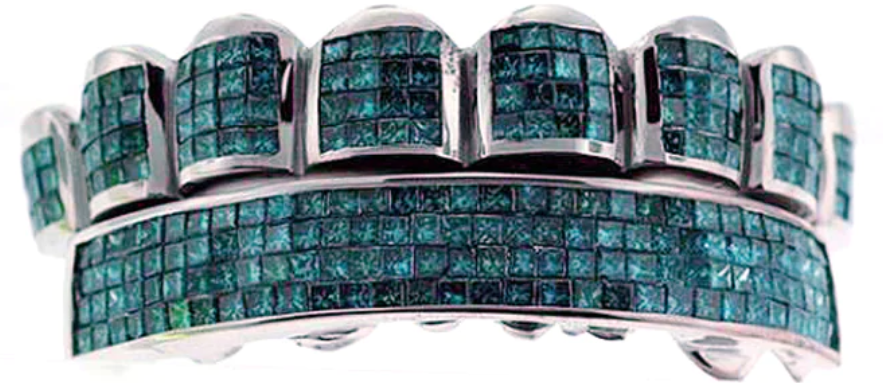 Grillz Blue princess cut diamond, horizontal invisible set grill