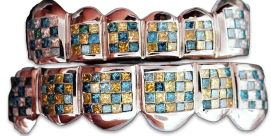 Grillz Blue & Yellow Diamond Checker board patter invisible set