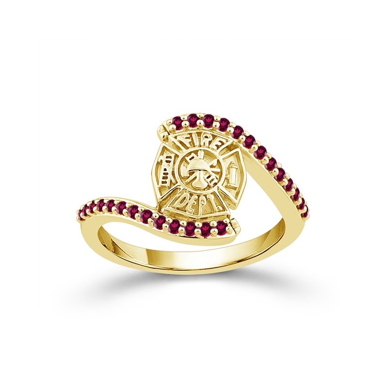 Two Hearts One Badge Fire Fighter Ring - Yellow Gold with 1/5ctw ...