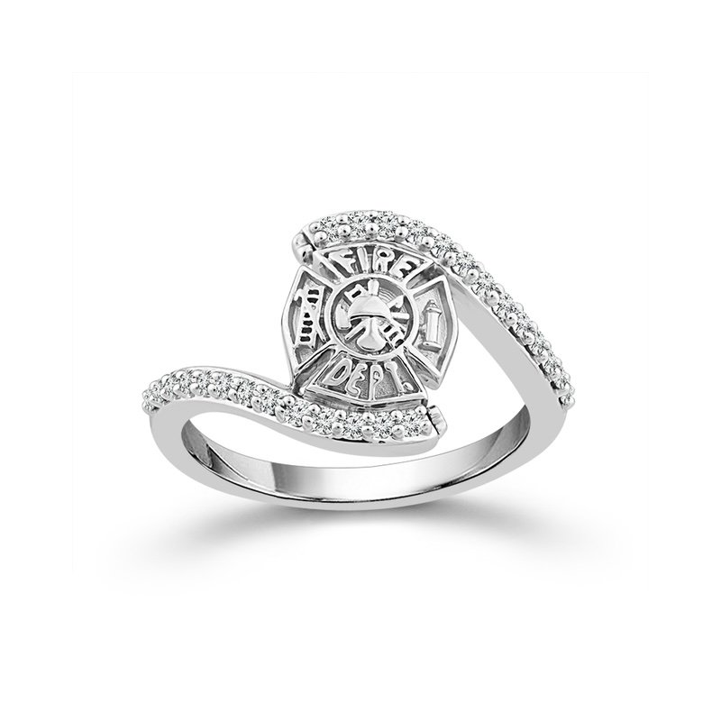 Two Hearts One Badge Fire Fighter Ring - White Gold with 1/5ctw Genuine ...