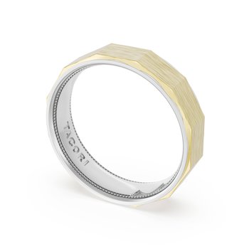 18K YELLOW GOLD AND PLATINUM 6MM BRUSHED FACETED TOP AND POLISHED SIDE WEDDING BAND 001-405-10449