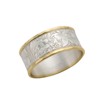 STERLING SILVER AND 14K YELLOW GOLD VICTORIAN BOUQUET WIDE BAND RING 006-620-01551
