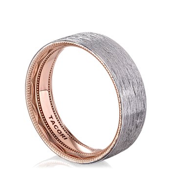 18K WHITE AND ROSE GOLD 7MM BRUSHED FLAT TOP AND MILLGRAIN WEDDING BAND 001-405-10446