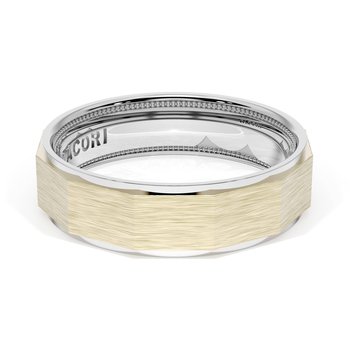 18K YELLOW GOLD AND PLATINUM 6MM BRUSHED FACETED TOP AND POLISHED SIDE WEDDING BAND 001-405-10449