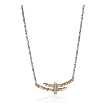 STERLING SILVER AND 14K YELLOW GOLD SPEAR PAVE DIAMOND STATION NECKLACE ON 1.5MM ROLO CHAIN 001-640-02422