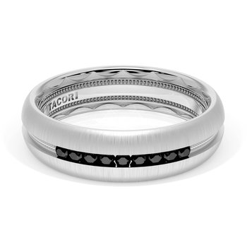 PLATINUM BRUSHED FINISH AND MILLGRAIN CENTER BLACK DIAMOND WEDDING BAND 001-405-10455