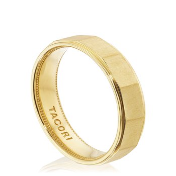 18K YELLOW GOLD GEOMETRIC FACETED SATIN FINISH 6MM WEDDING BAND 002-405-10437