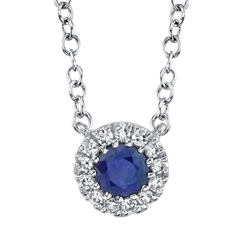 14K WHITE GOLD BLUE SAPPHIRE DIAMOND HALO PENDANT 001-230-05240