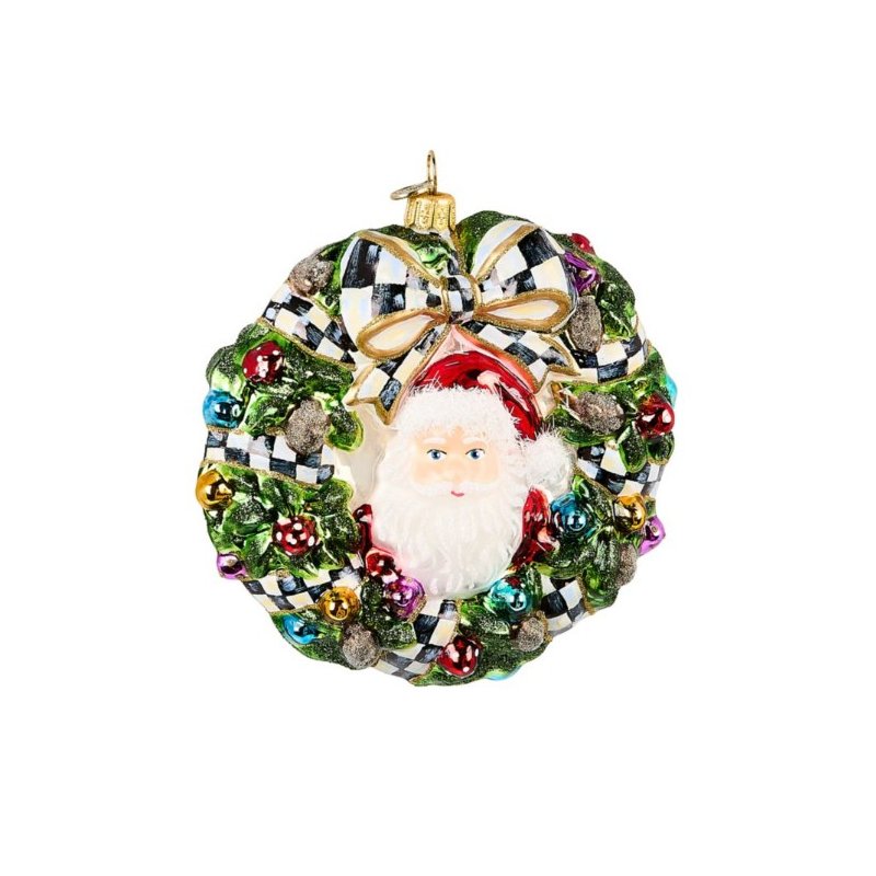MacKenzie-Childs 2025 Here Comes Santa Wreath Glass Ornament 001
