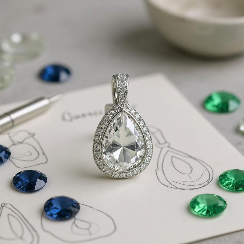 Pendentif En Argent 925 Serti De Diamants - Forme Poire - Fait Main En Inde - Poids Pierres ~1.42 Carat