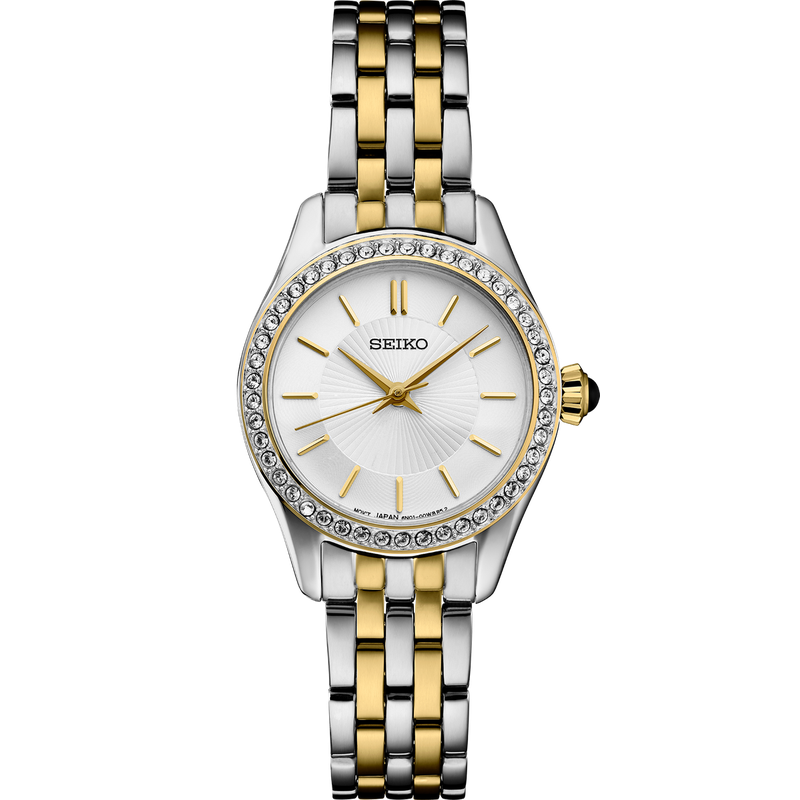 Two-tone elegance meets sparkle—gold-accented stainless steel with