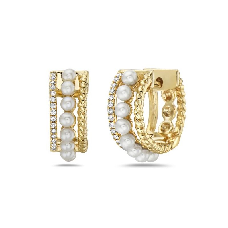 Bassali Jewelry 14K Yellow Gold Pearl & Diamond Huggies 220391