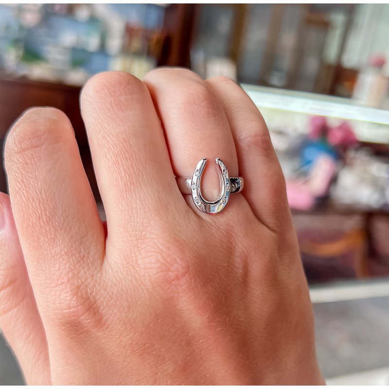Equestrian Jewelry 14k White Gold Horse Shoe Ring with Diamonds