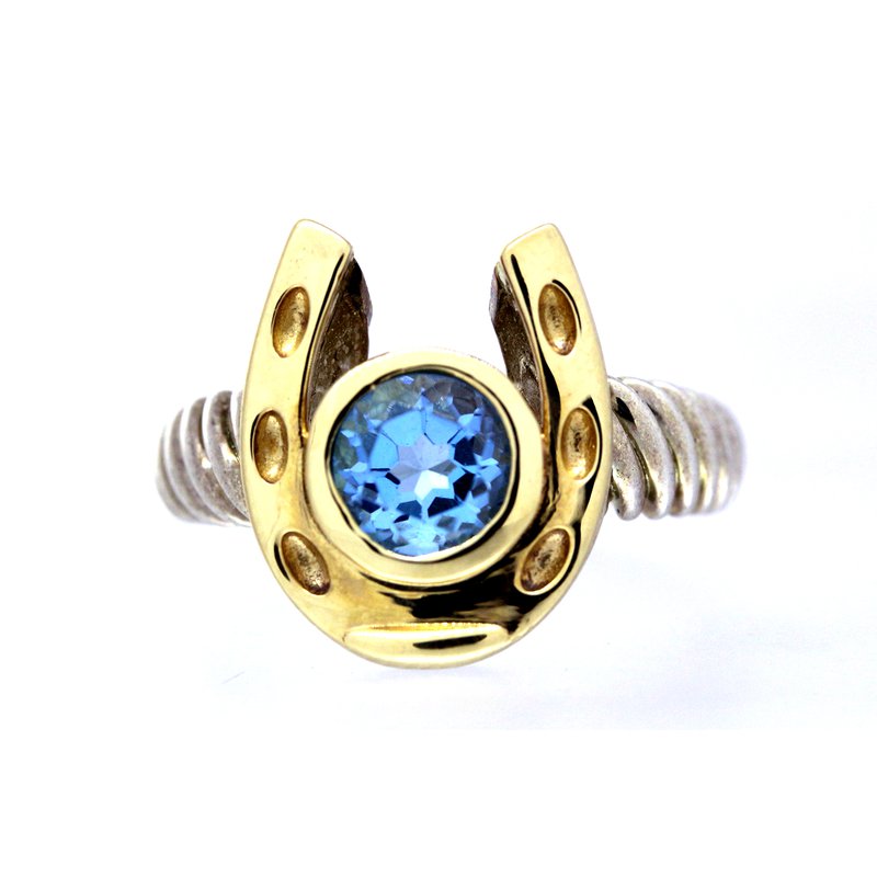 Equestrian Jewelry Two Toned Horseshoe ring, with Blue Topaz