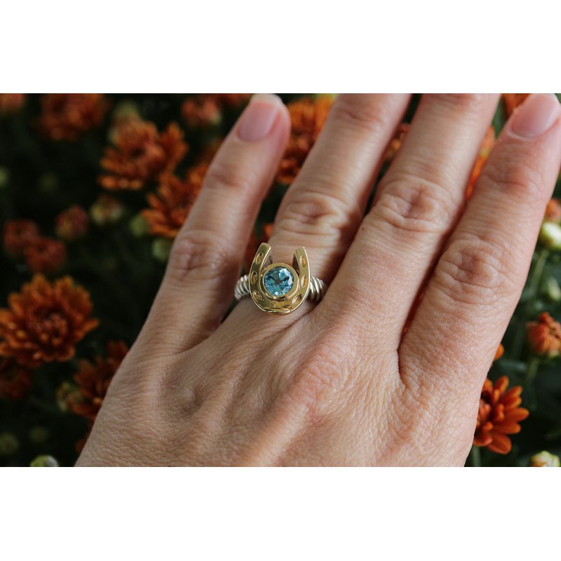 Equestrian Jewelry Two Toned Horseshoe ring, with Blue Topaz