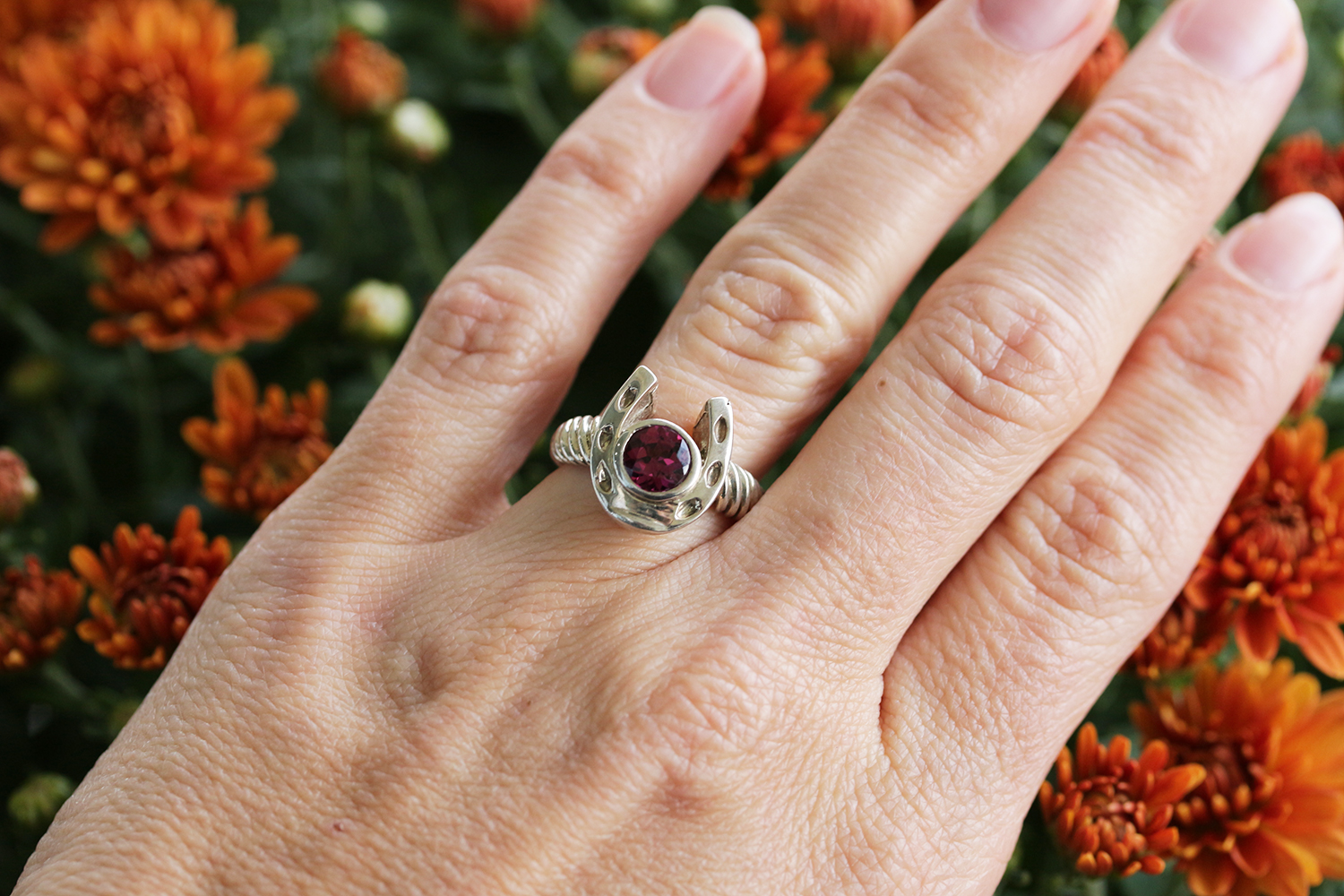 Equestrian Jewelry Sterling Silver Horseshoe ring with a bezel set