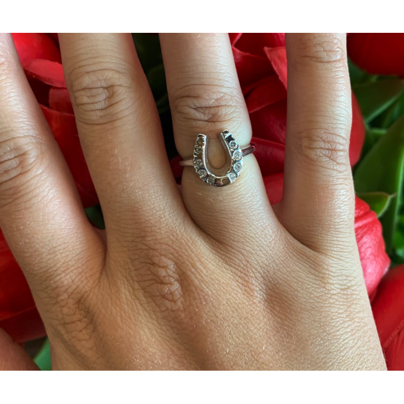Equestrian Jewelry 14K White Gold Horse Shoe Ring with Diamonds