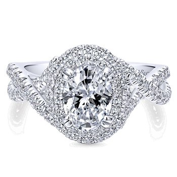 Gabriel NY 14k White Gold Oval Double Halo Twist Band Engagement